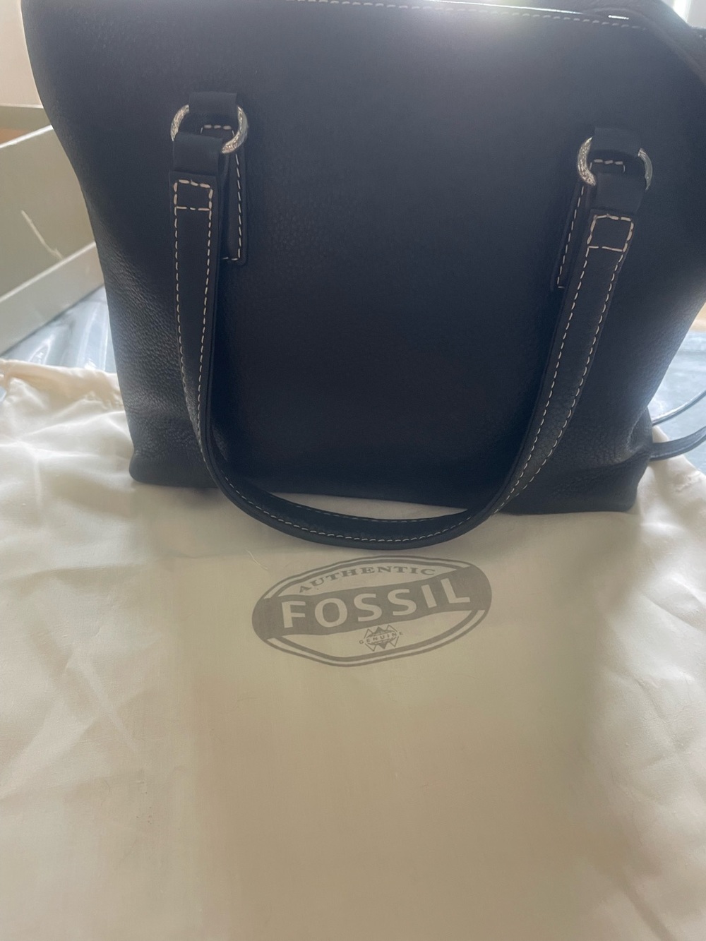 Fossil Black pebbled Leather small tote bag with white Contrast Stitching
